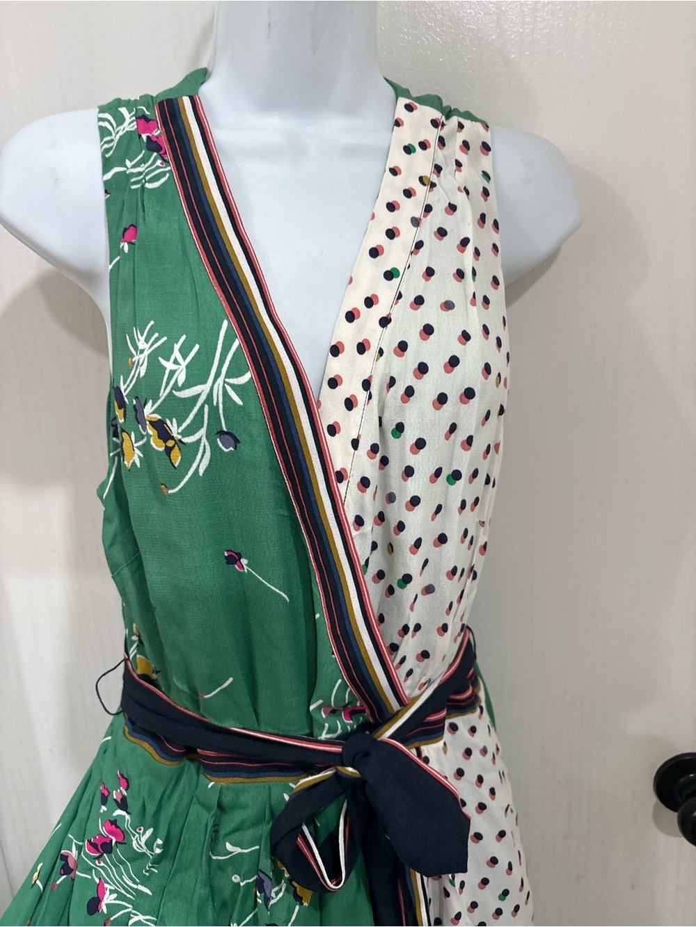 Maeve Anthropologie bohemian Green & Cream Floral Wrap Dress with Polka Dot Pane - Picture 2 of 8